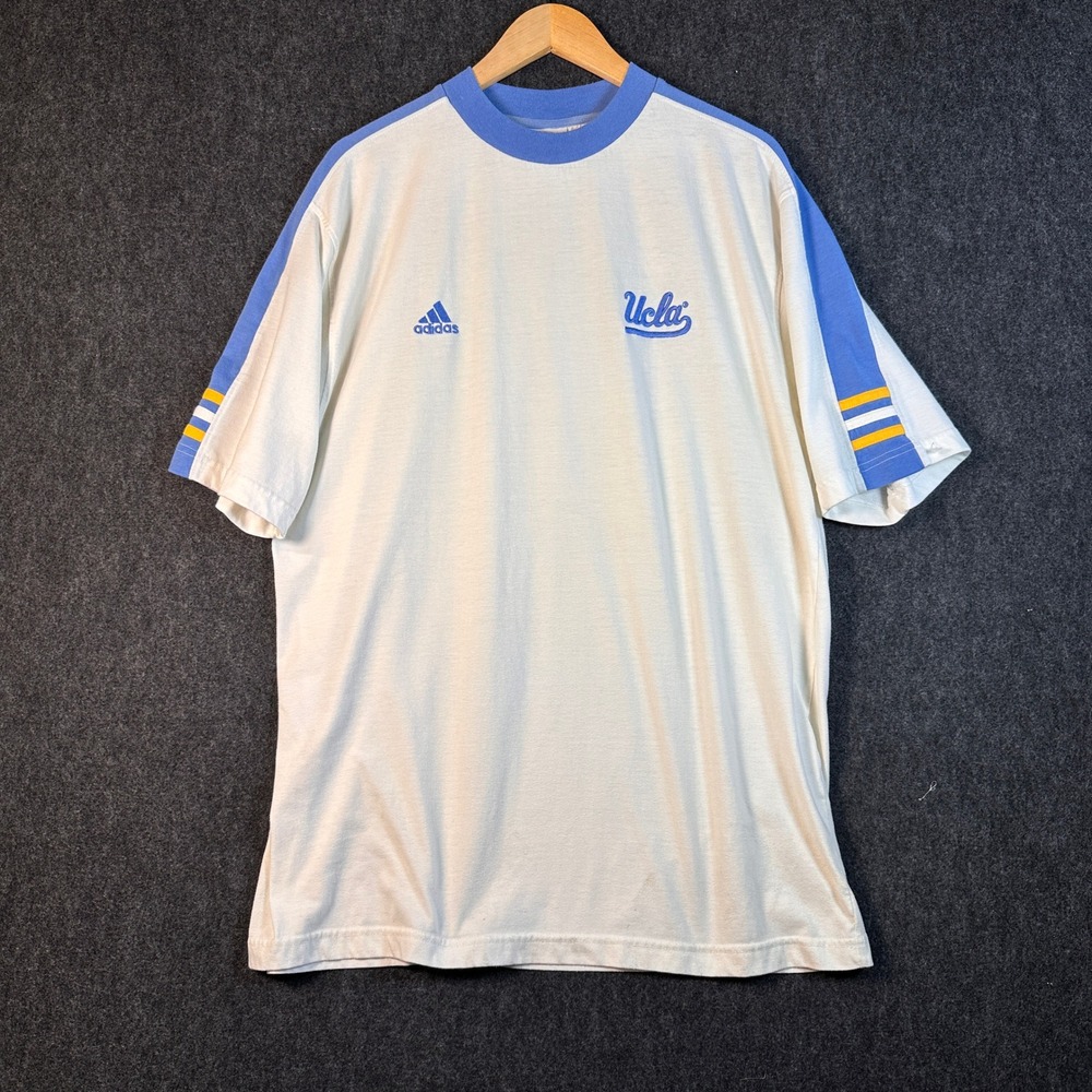 Vintage 90s Adidas UCLA Bruins T Shirt Mens L White Mock Neck Korea Script Y2K